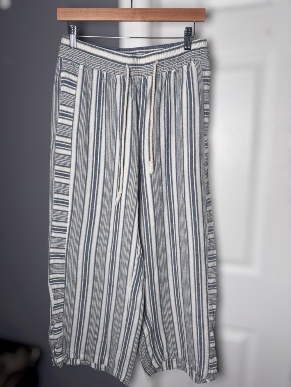 Seven7 Striped Wide Leg Linen Blend Pants Blue & White Sz M